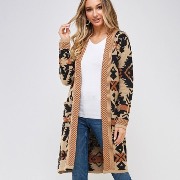 new ON BLUE SWEATER CARDIGAN WRAP belted aztec Yellowstone tribal western boho - Picture 1 of 8